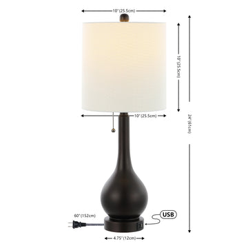 Tyler 24" Modern Classic Gourd Iron LED Table Lamp with Pull-Chain with Dual USB Charging Port - JONATHAN Y